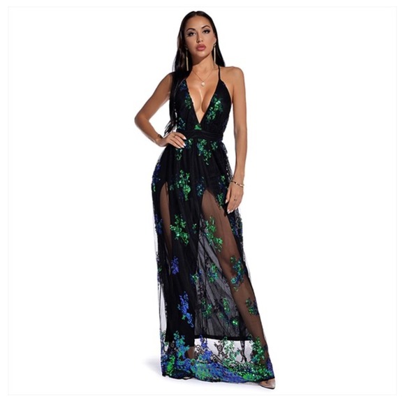 Love & Lemonade Maxi Gown Womens Black Green Sequin Double Slit Hollywood Glam - Picture 3 of 16